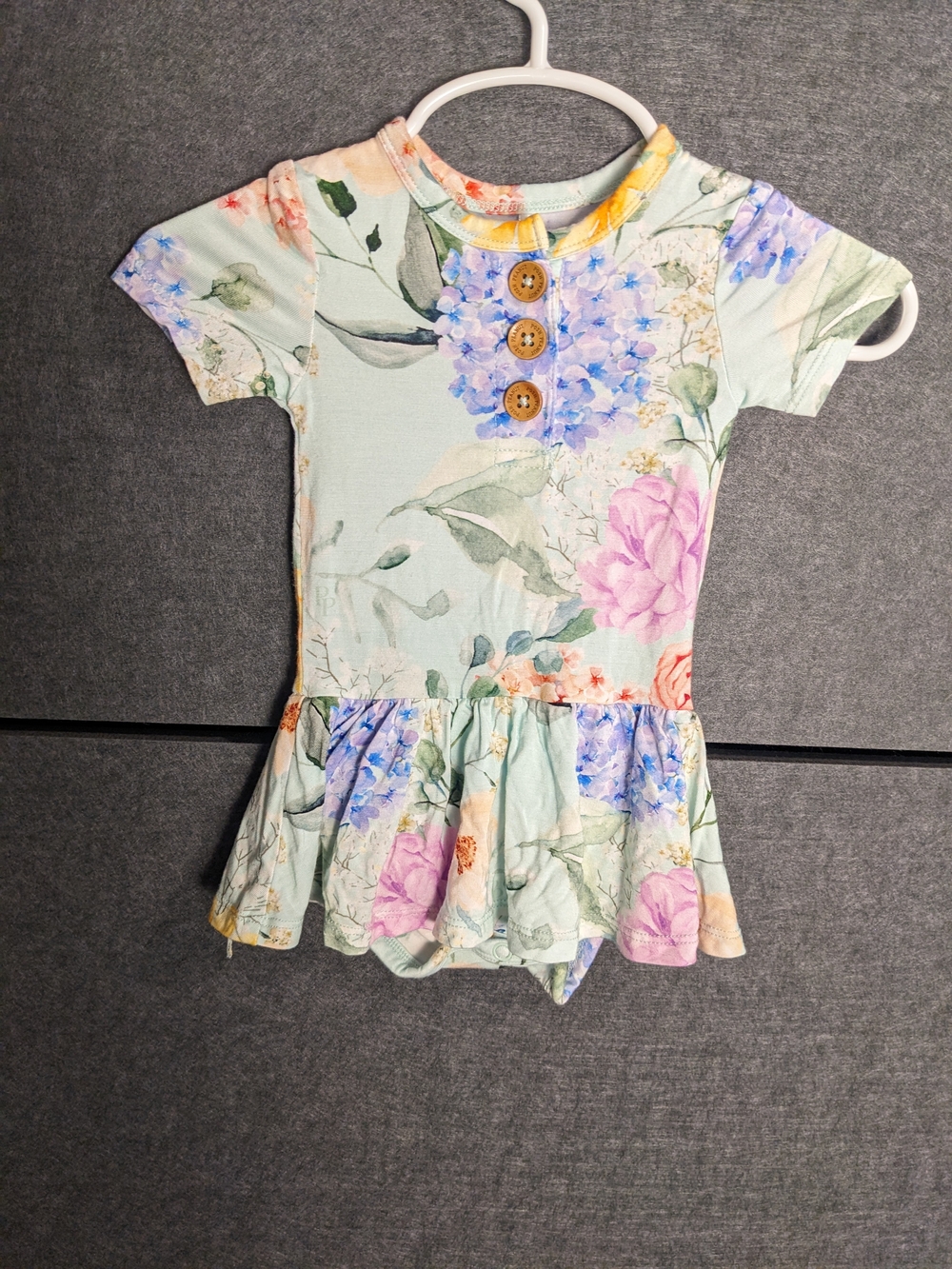 Posh Peanut Mint Floral Peplum Bodysuit with Wooden Buttons